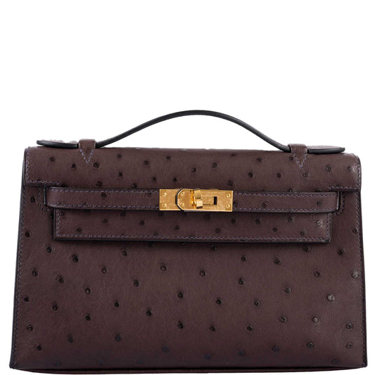 Hermes Kelly Pochette, Rouge Sellier Ostrich, Gold Hardware