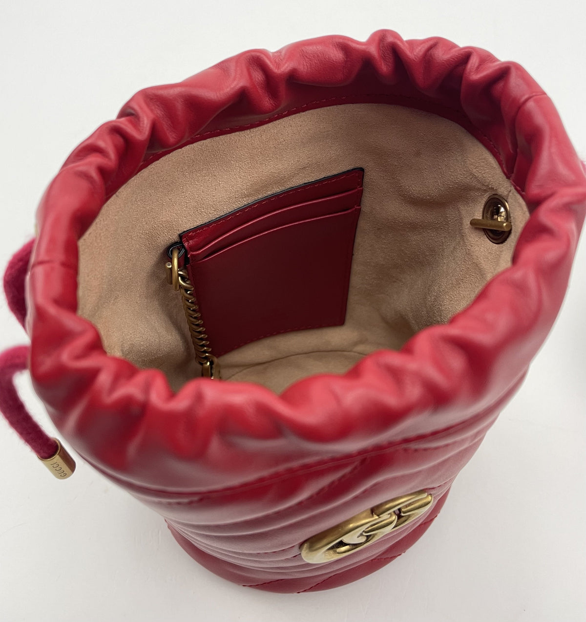 Red Gucci Bucket Bag, Matelasse Mini GG Marmont 2.0