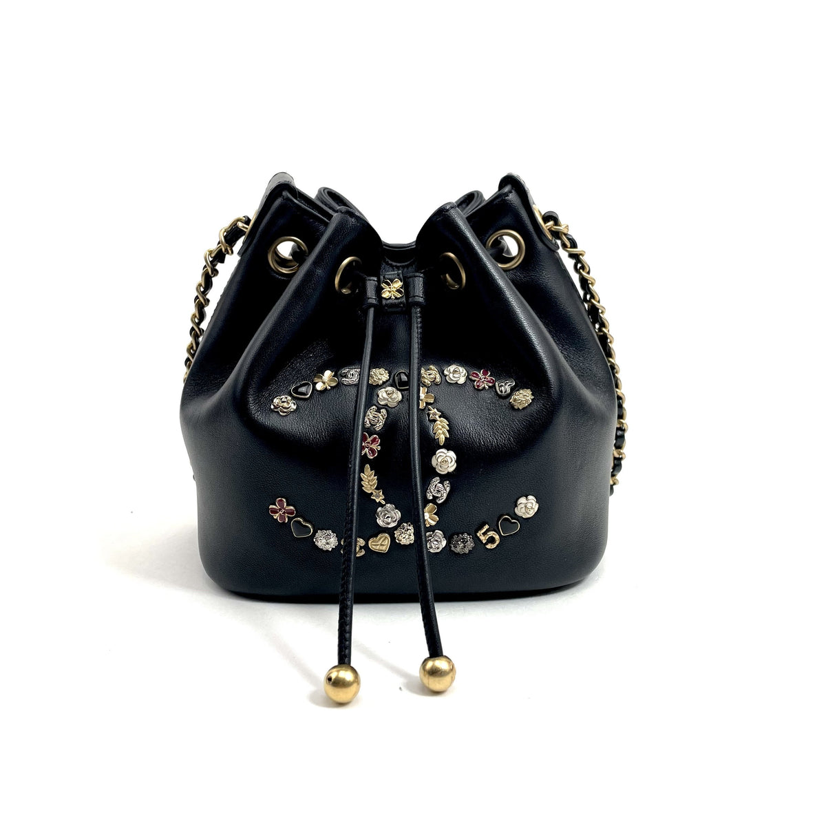 Chanel Logo Charm CC Lambskin Drawstring Bucket Bag