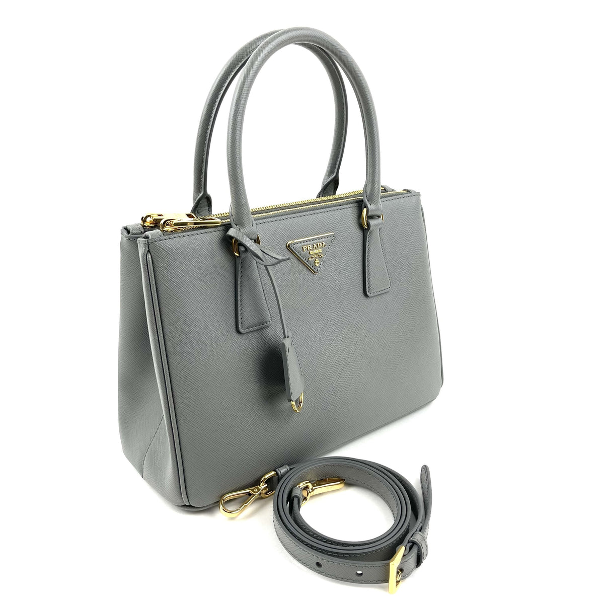 Prada Saffiano Tote, Small Grey Leather, Gold Hardware