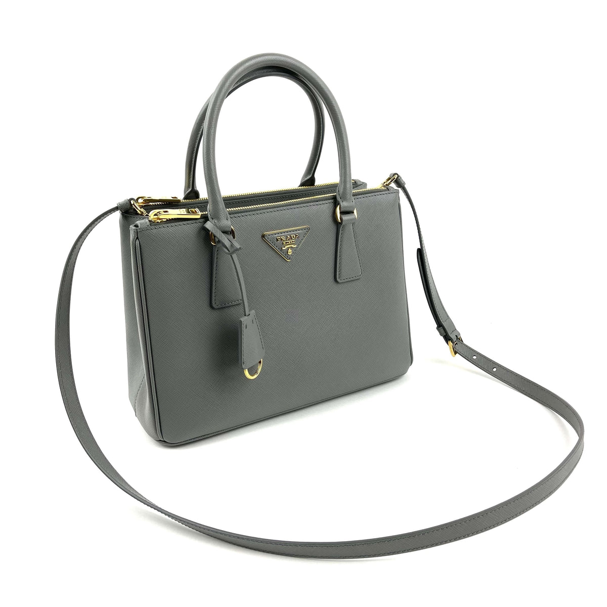 Prada Saffiano Tote, Small Grey Leather, Gold Hardware