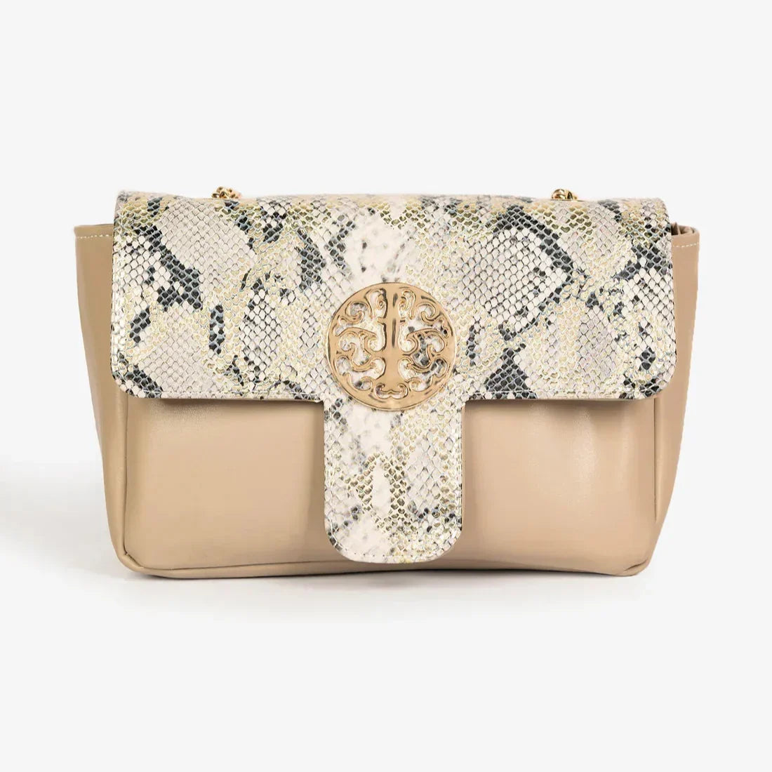 Snake Textured Flap Clutch with Brooch – Beige - Exclusu