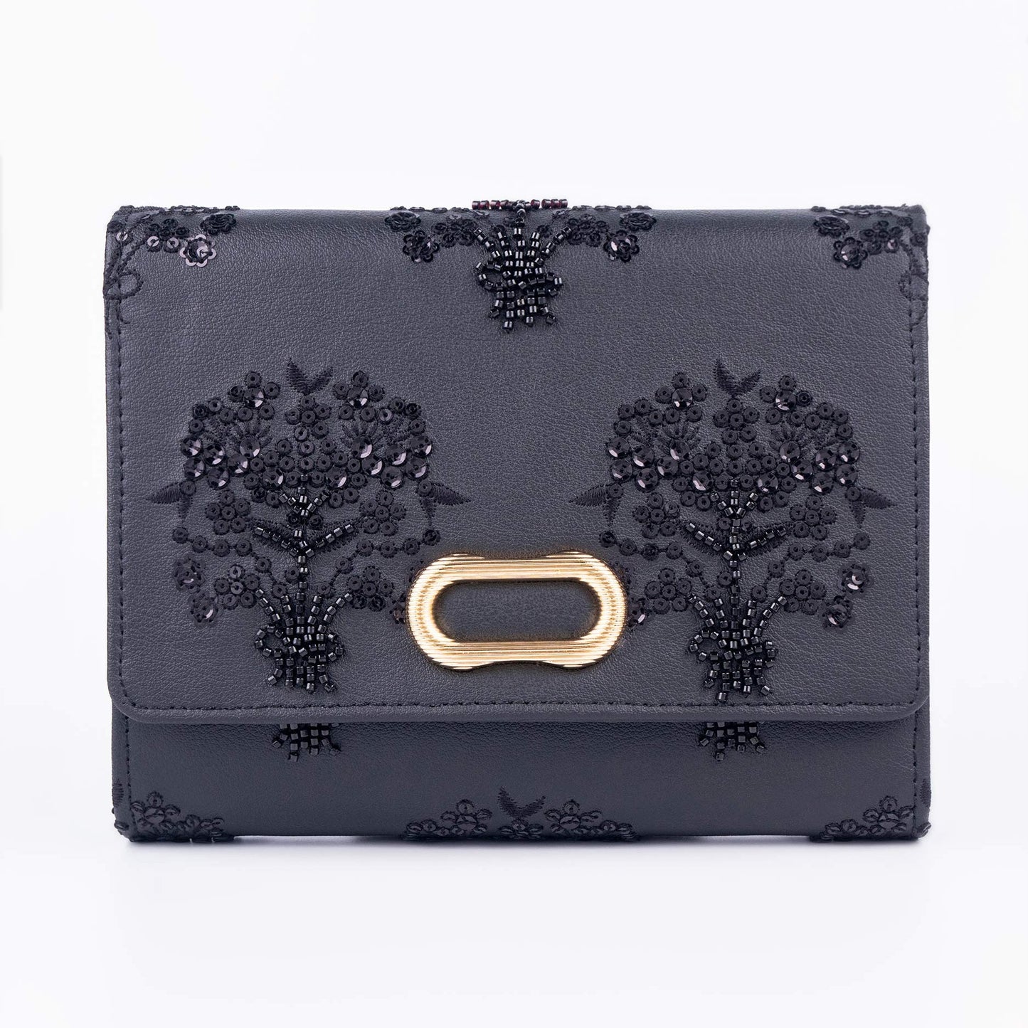 Black Embellished Clutch with Floral Embroidery Sequin Detail