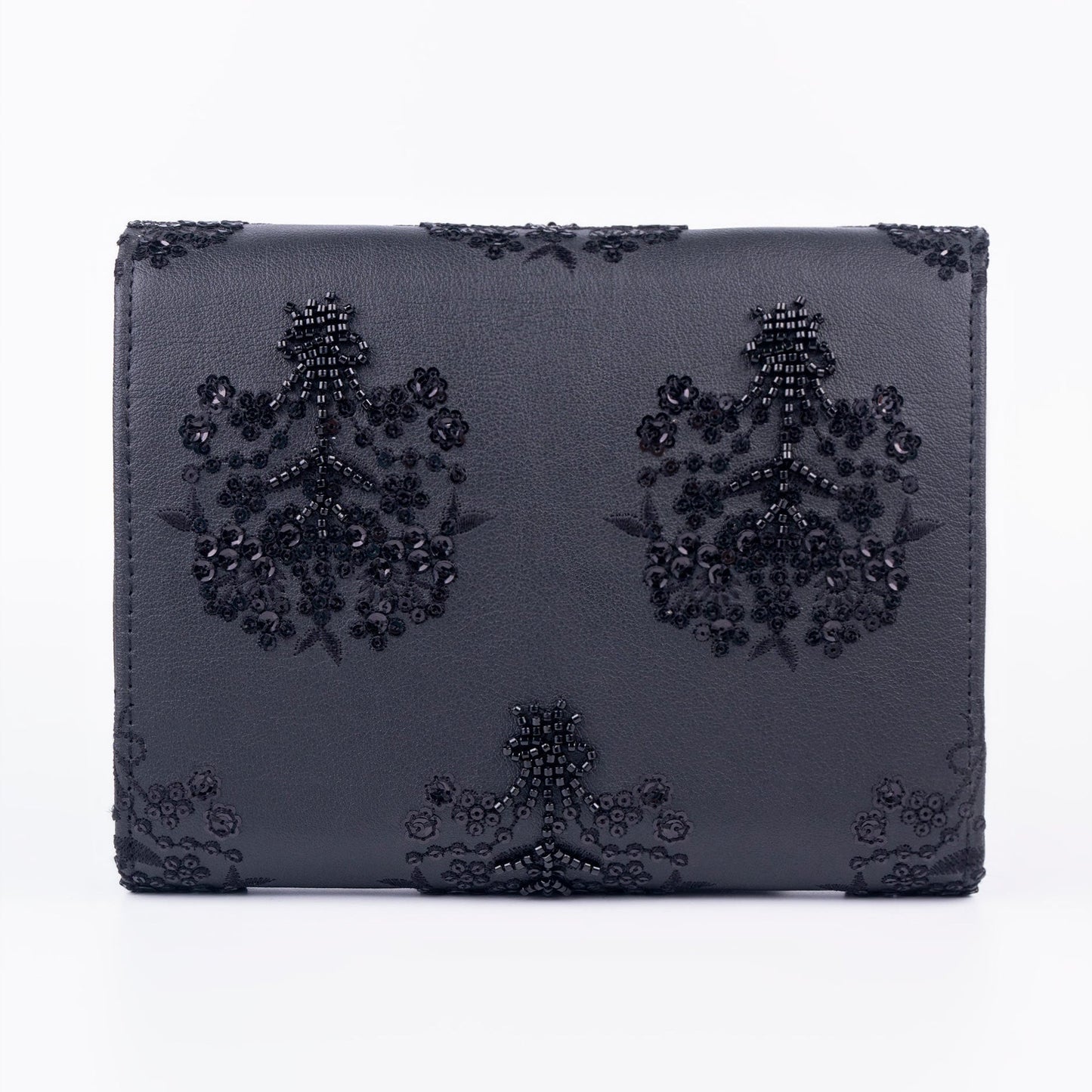 Black Embellished Clutch with Floral Embroidery Sequin Detail
