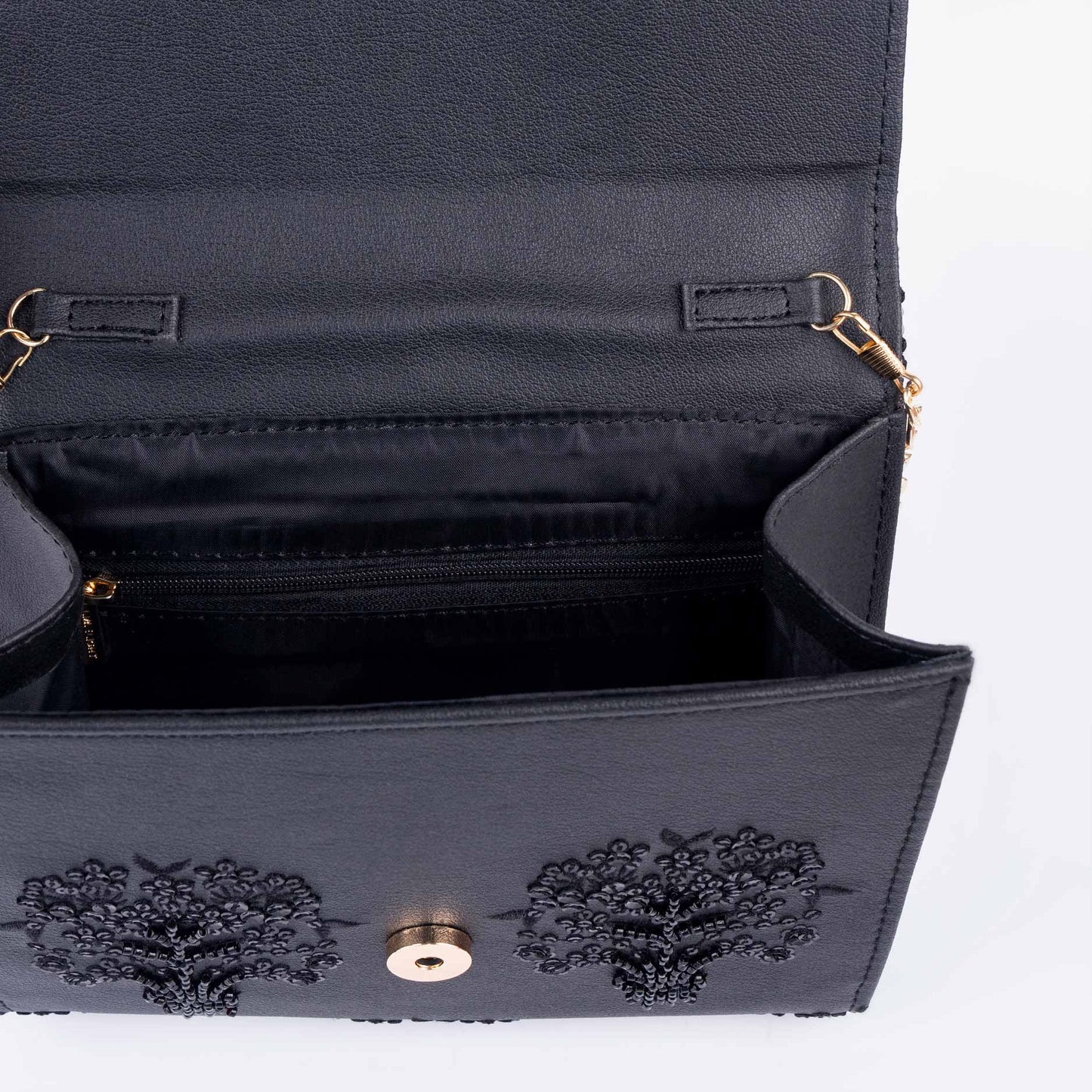 Black Embellished Clutch with Floral Embroidery Sequin Detail