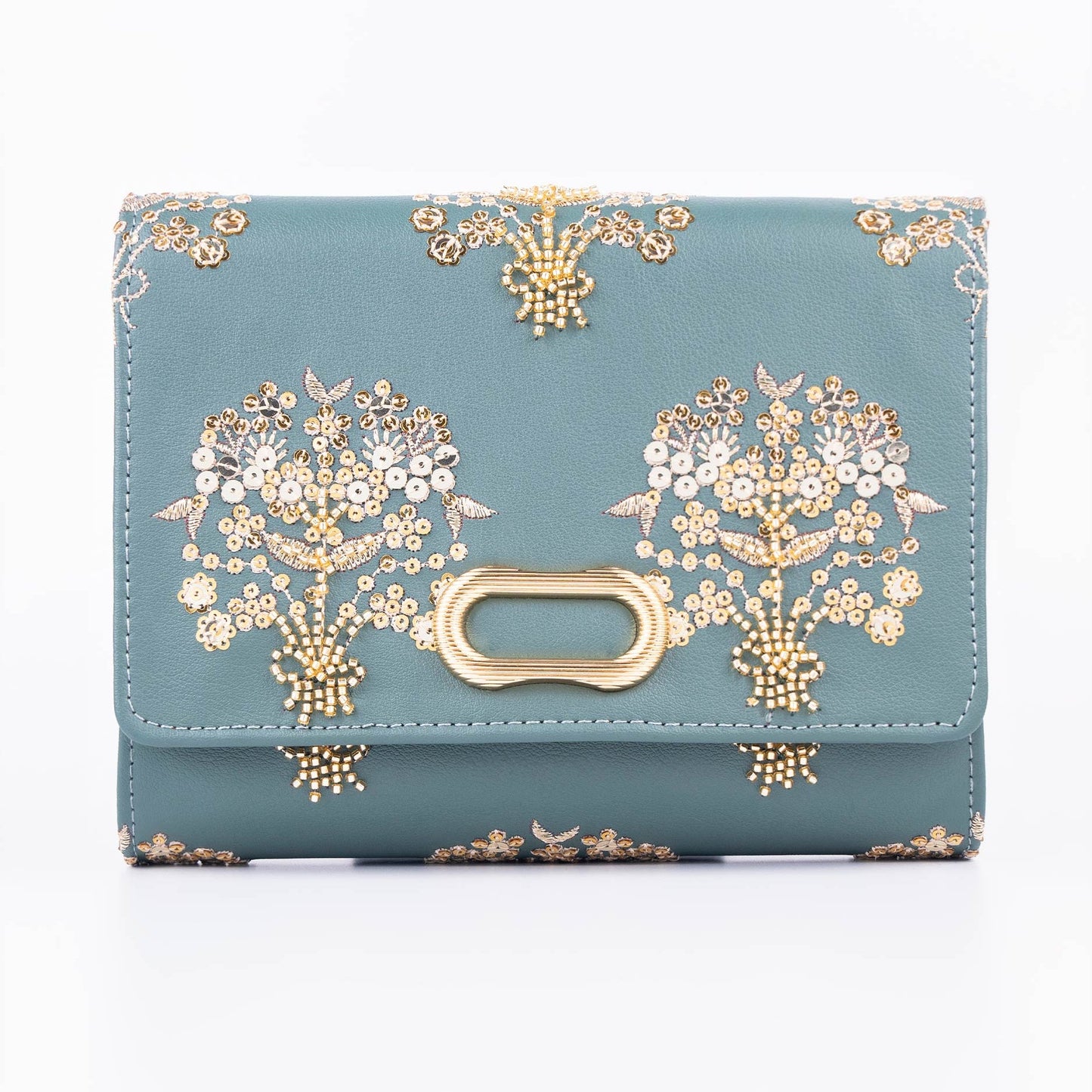 Teal Embellished Clutch with Floral Embroidery & Gold Chain