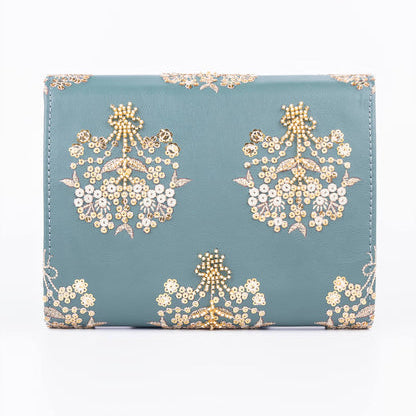 Teal Embellished Clutch with Floral Embroidery & Gold Chain