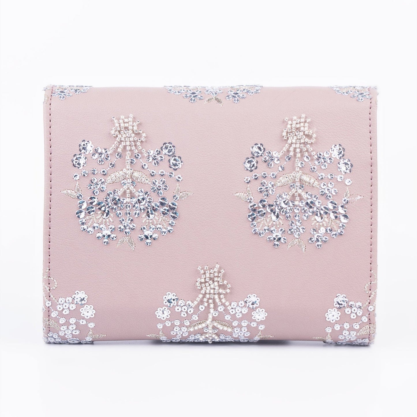 Lilac Embellished Clutch Bag with Floral Embroidery & Gold Chain