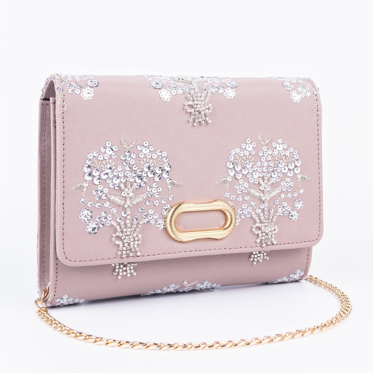 Lilac Embellished Clutch Bag with Floral Embroidery & Gold Chain