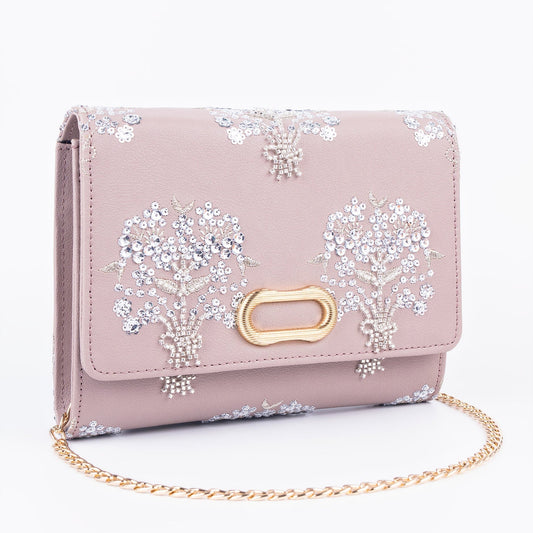 Lilac Embellished Clutch Bag with Floral Embroidery & Gold Chain