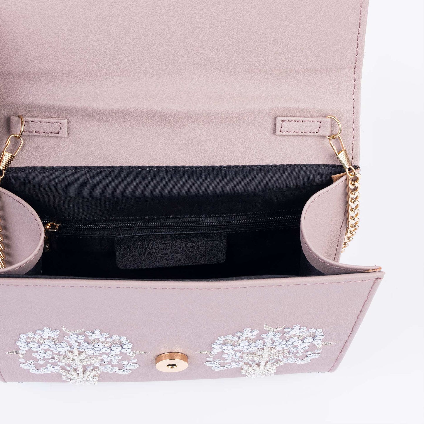 Lilac Embellished Clutch Bag with Floral Embroidery & Gold Chain