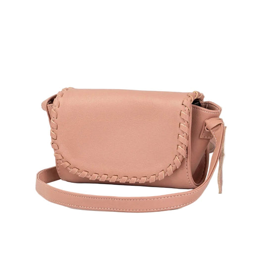 A dusty pink leather shoulder bag with a braided strap detail around the front flap, shown on a light gray studio background.