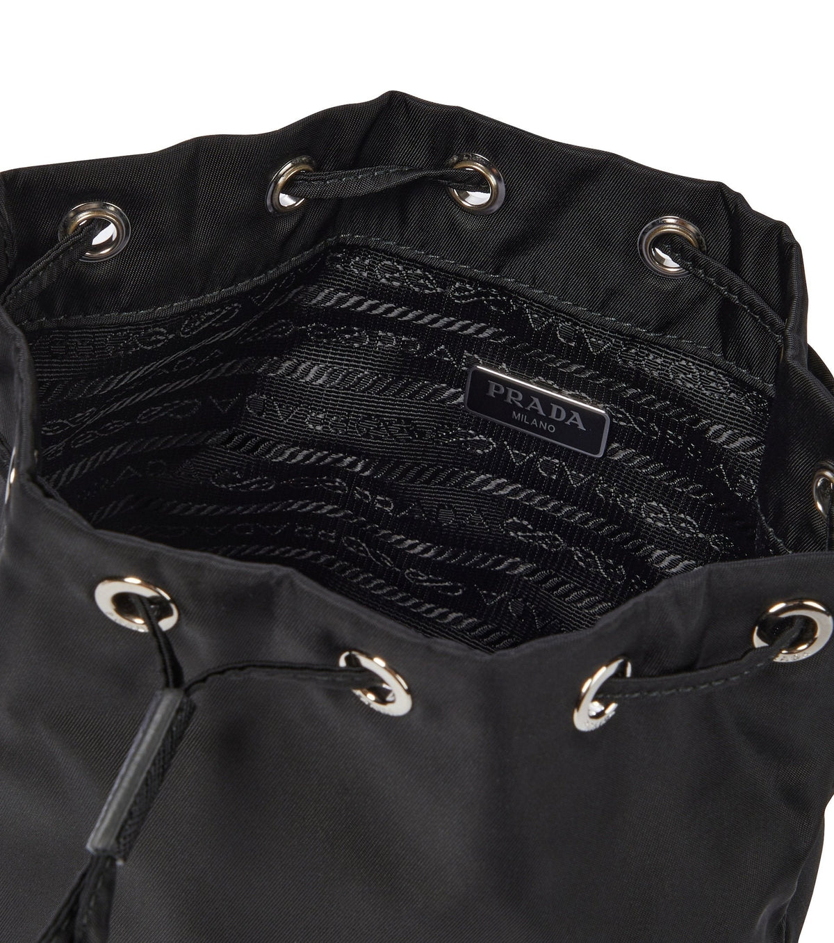 Prada Nylon Bucket Bag, Mini Nero Drawstring Top