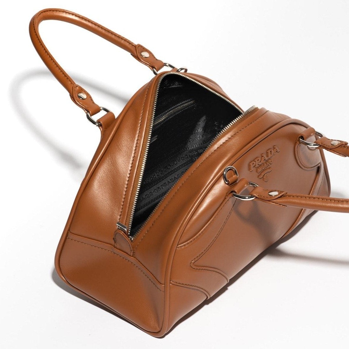 Prada Bowling Bag, Soft Calfskin, Cognac Leather, 12.5in