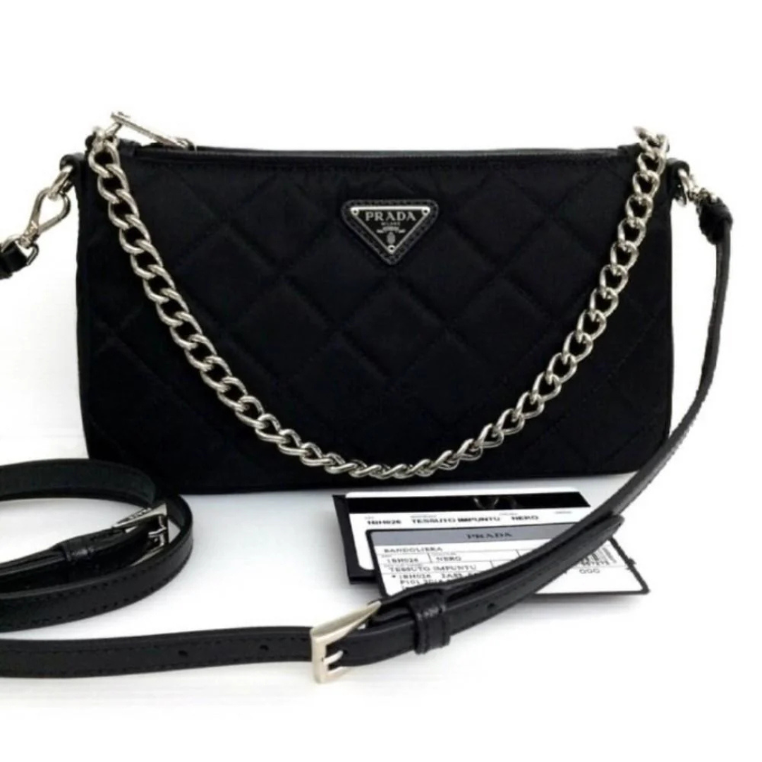 Prada Nylon Crossbody Bag, Black Quilted Triangle Logo
