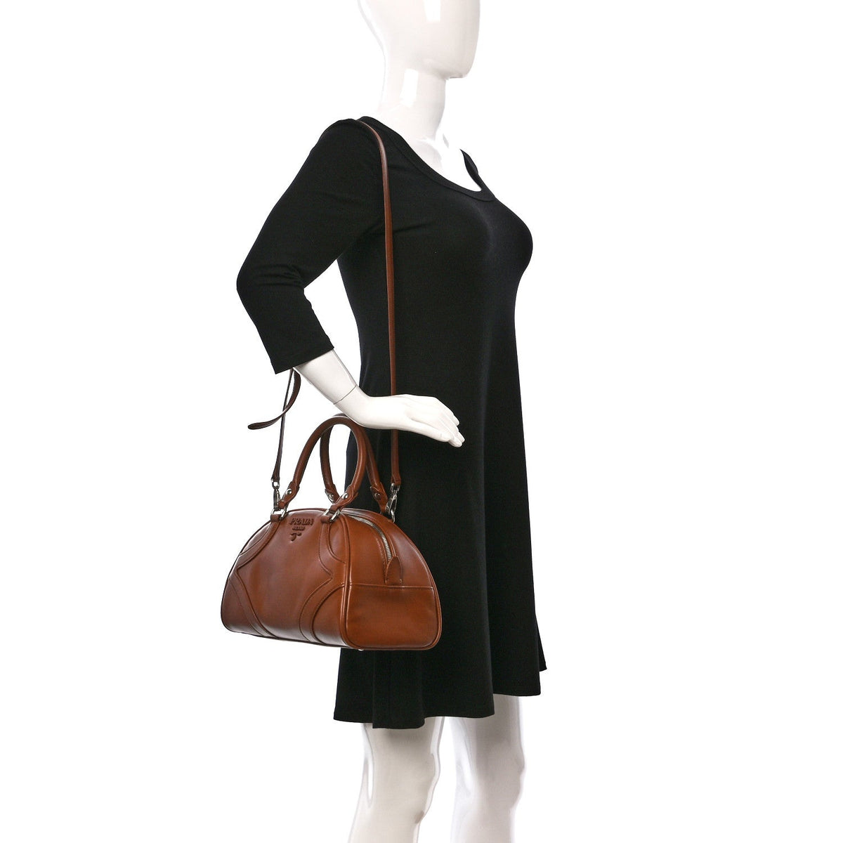 Prada Bowling Bag, Soft Calfskin, Cognac Leather, 12.5in