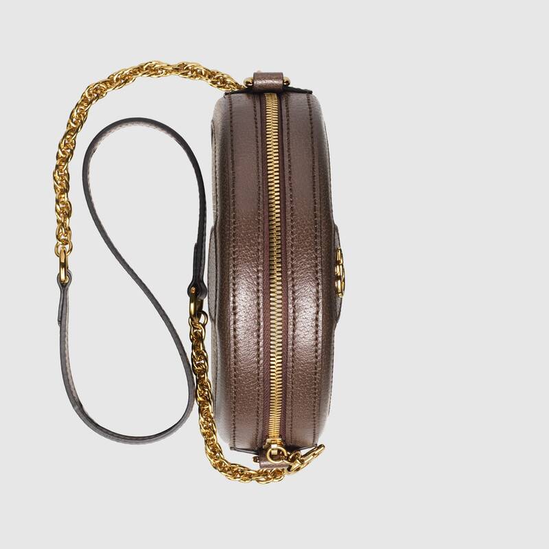 Mini Round Shoulder Bag, GG Canvas, Brown Leather, Gold Hardware