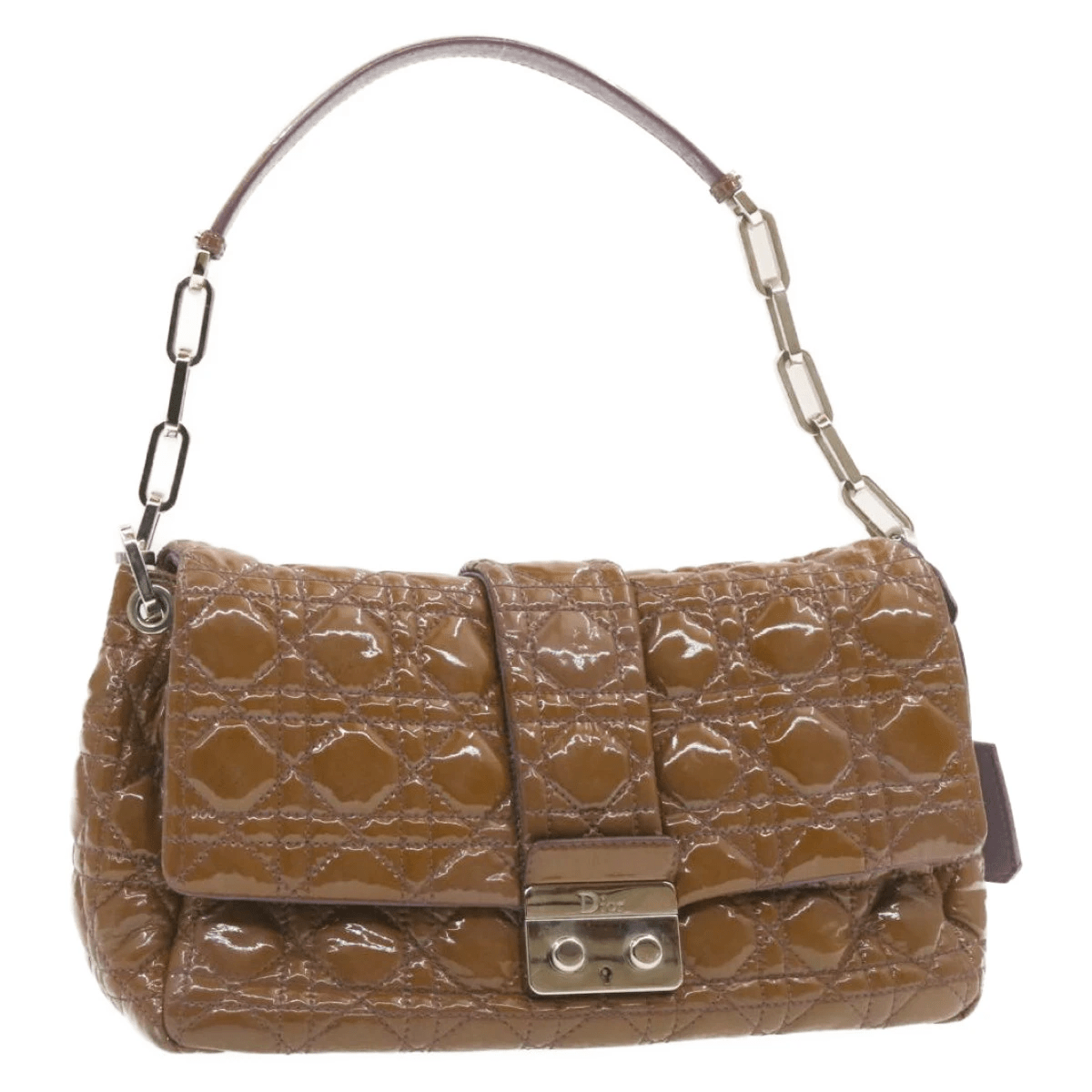 Dior Cannage Shoulder Bag, Patent Leather, Brown, 22cm