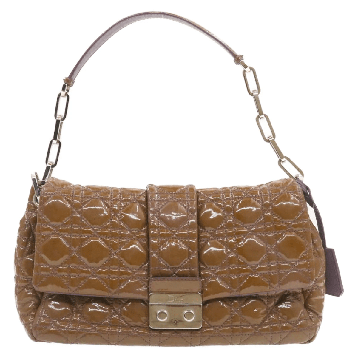 Dior Cannage Shoulder Bag, Patent Leather, Brown, 22cm