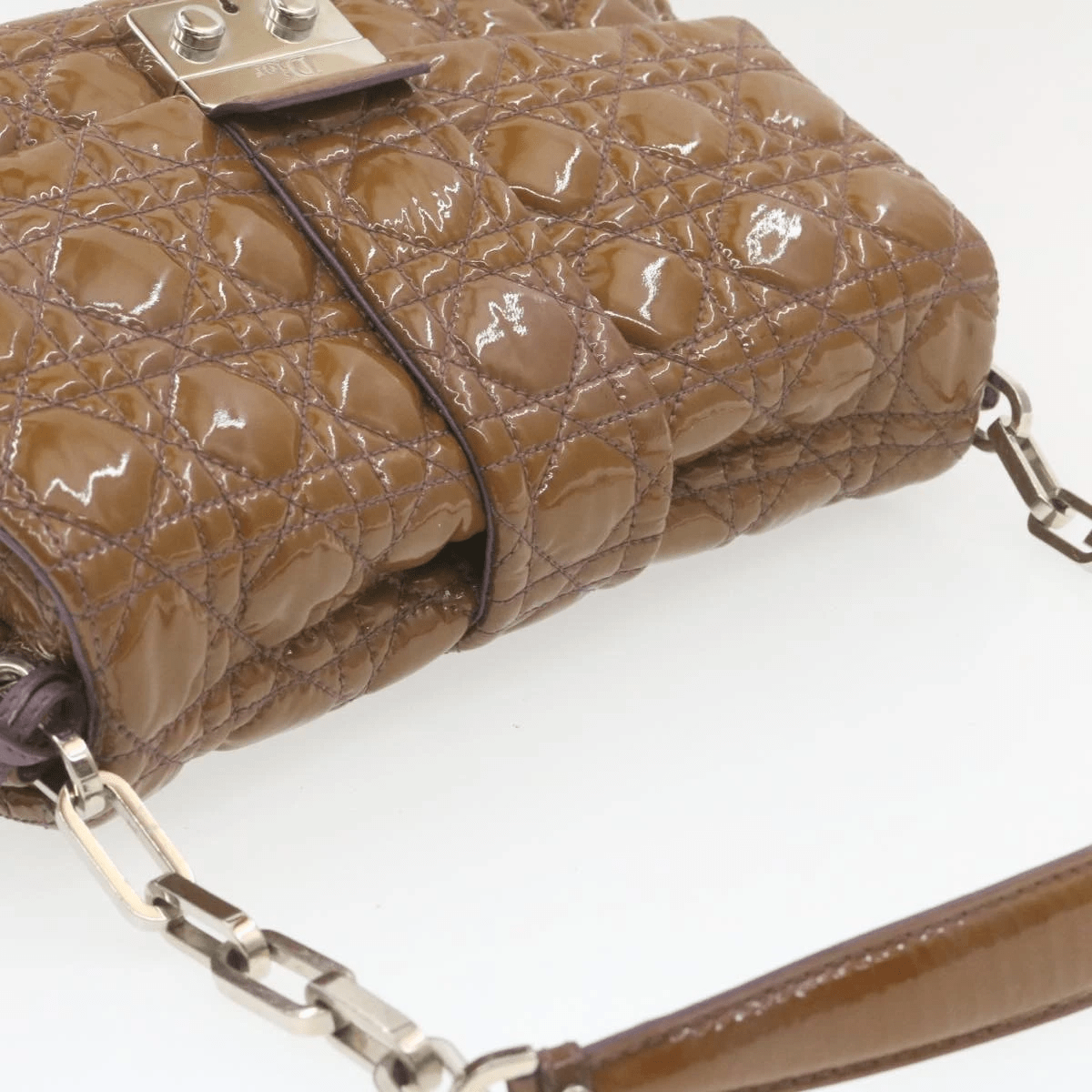 Dior Cannage Shoulder Bag, Patent Leather, Brown, 22cm
