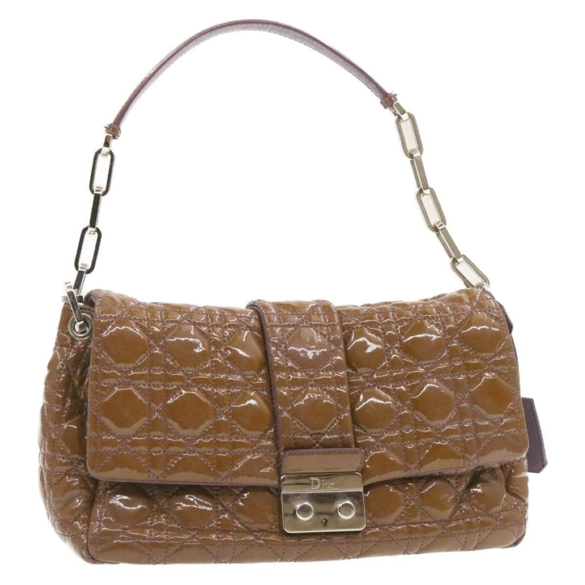Dior Cannage Shoulder Bag, Patent Leather, Brown, 22cm