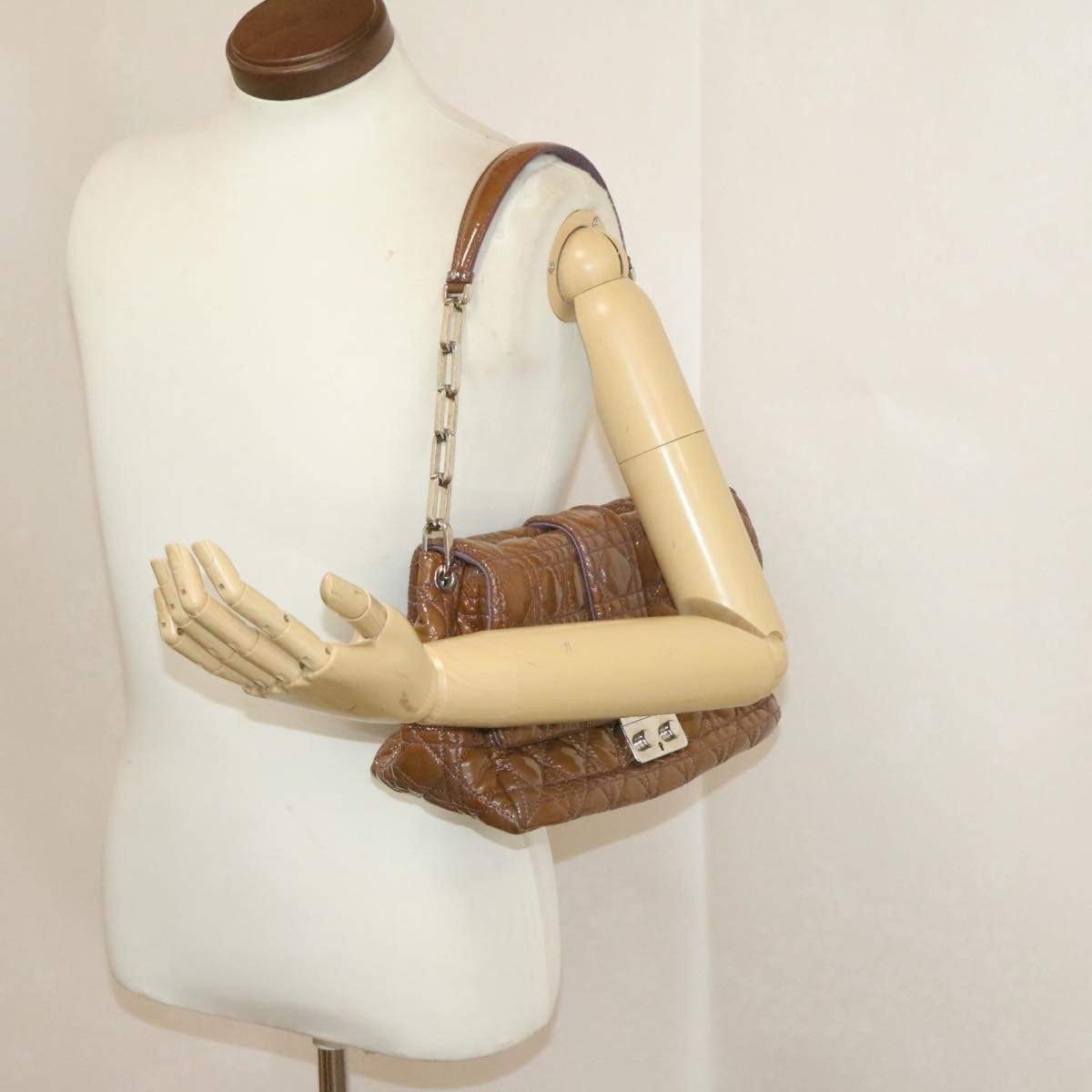 Dior Cannage Shoulder Bag, Patent Leather, Brown, 22cm