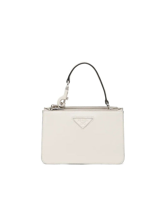 Prada Leather Handbag, Structured Shoulder Bag, Metal Logo