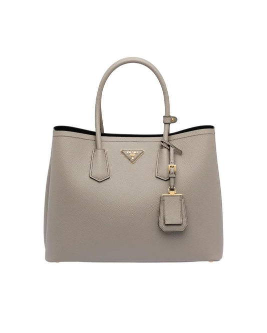 Prada Saffiano Double Bag, Medium Leather Tote, Gold Hardware