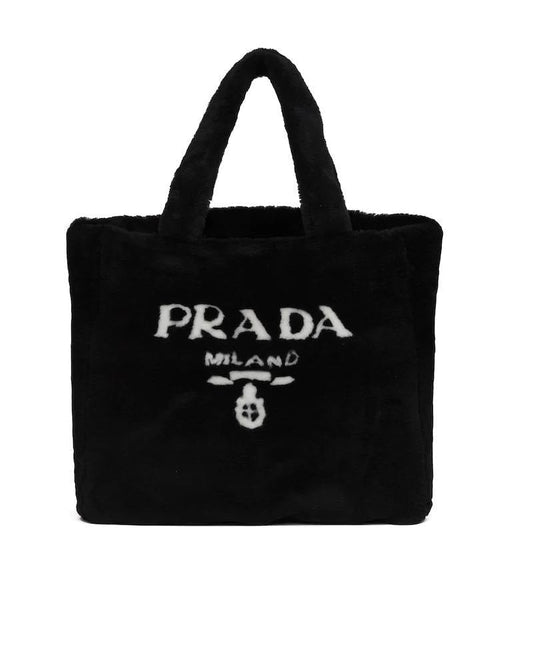Shearling Tote Bag, Prada Logo, Intarsia, Metal Hardware