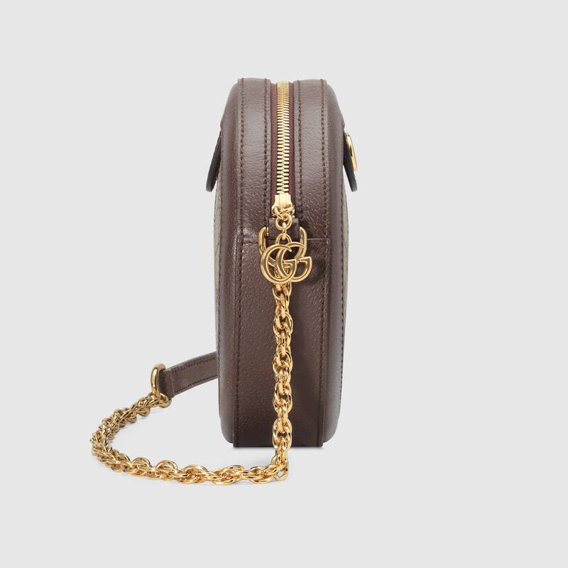 Mini Round Shoulder Bag, GG Canvas, Brown Leather, Gold Hardware
