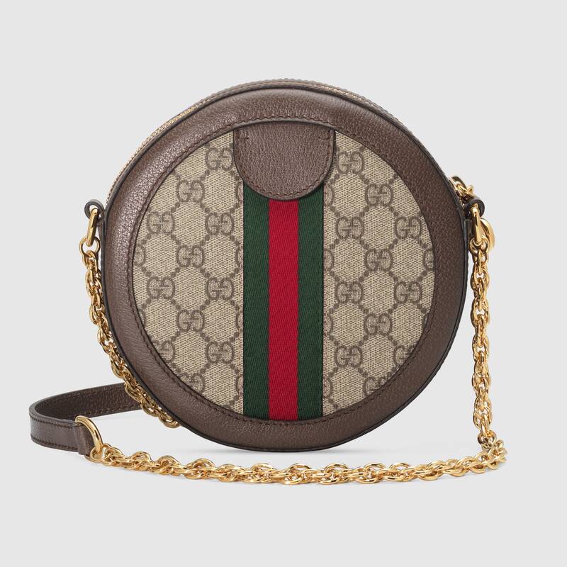 Mini Round Shoulder Bag, GG Canvas, Brown Leather, Gold Hardware
