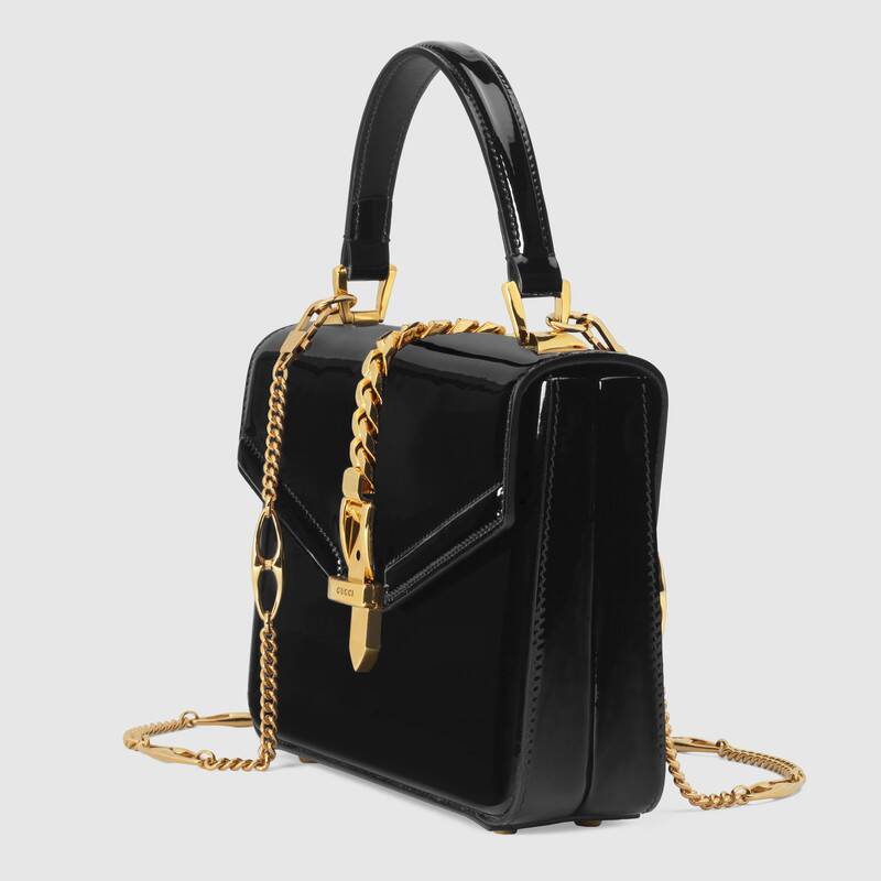 Gucci Sylvie 1969 mini Patent Leather Top Handle Bag Black