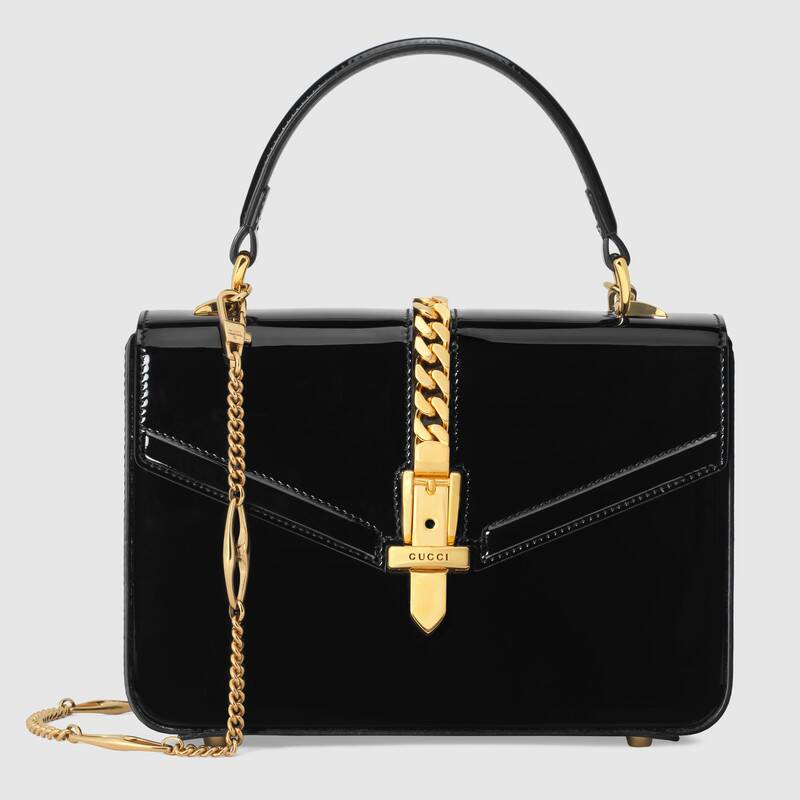 Gucci Sylvie 1969 mini Patent Leather Top Handle Bag Black