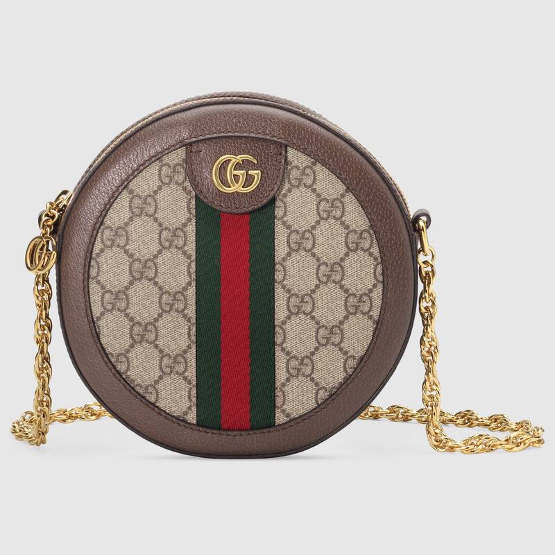 Mini Round Shoulder Bag, GG Canvas, Brown Leather, Gold Hardware