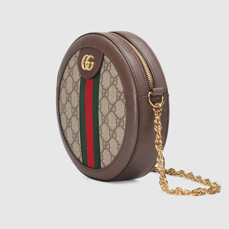 Mini Round Shoulder Bag, GG Canvas, Brown Leather, Gold Hardware